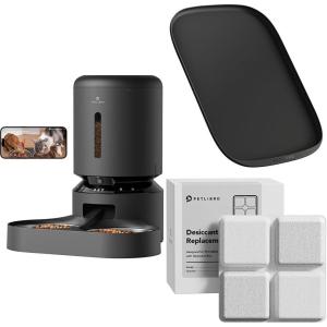 imageBundle of PETLIBRO Automatic Cat Feeder with Camera for 2 Cats Dual Tray Black and 6 Packs Pet Food Desiccant Bag and Silicone Cat Food Mat
