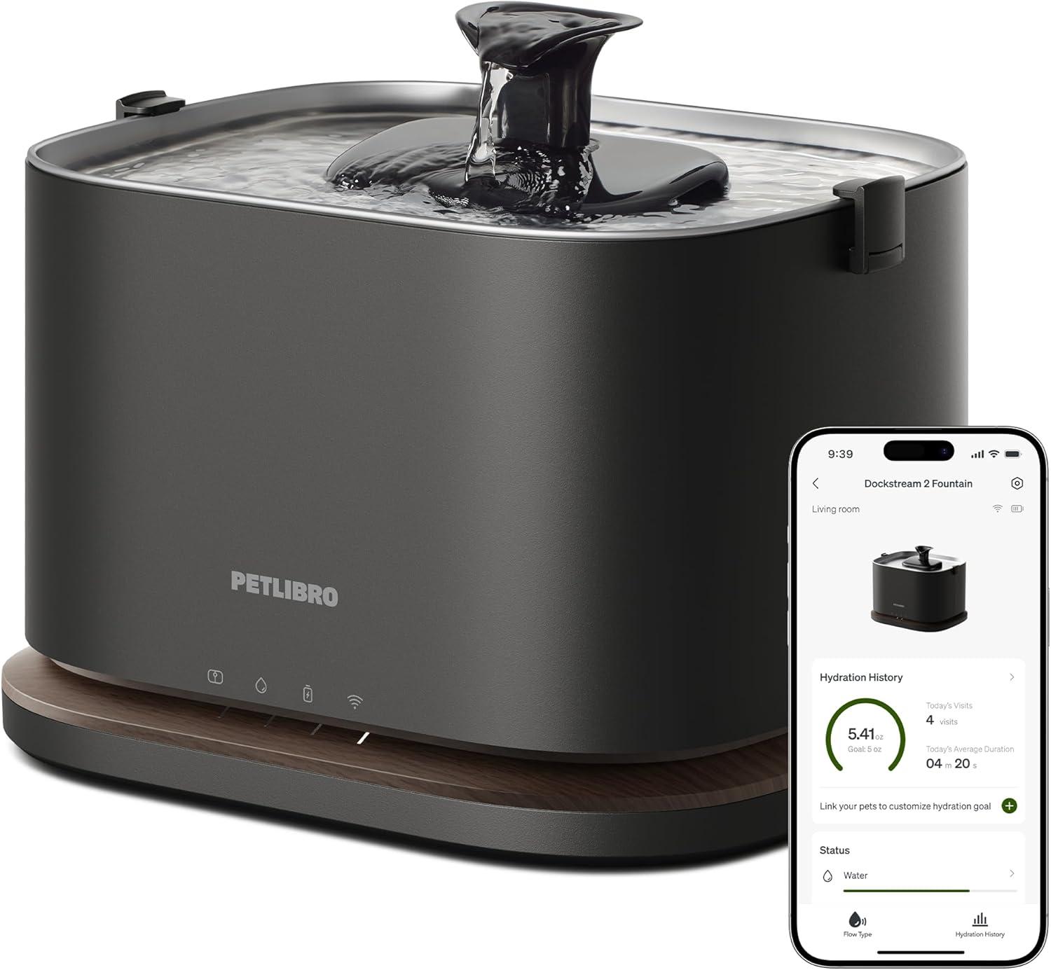 imagePETLIBRO Upgrade Cordless Cat Water Fountain  8 Packs Genuine Cat Fountain Filter Replacement App Monitoring 3L101oz Dockstream 2 Pet Water Fountain with Stainless Steel Tray 4Month Set EasySwapBlack