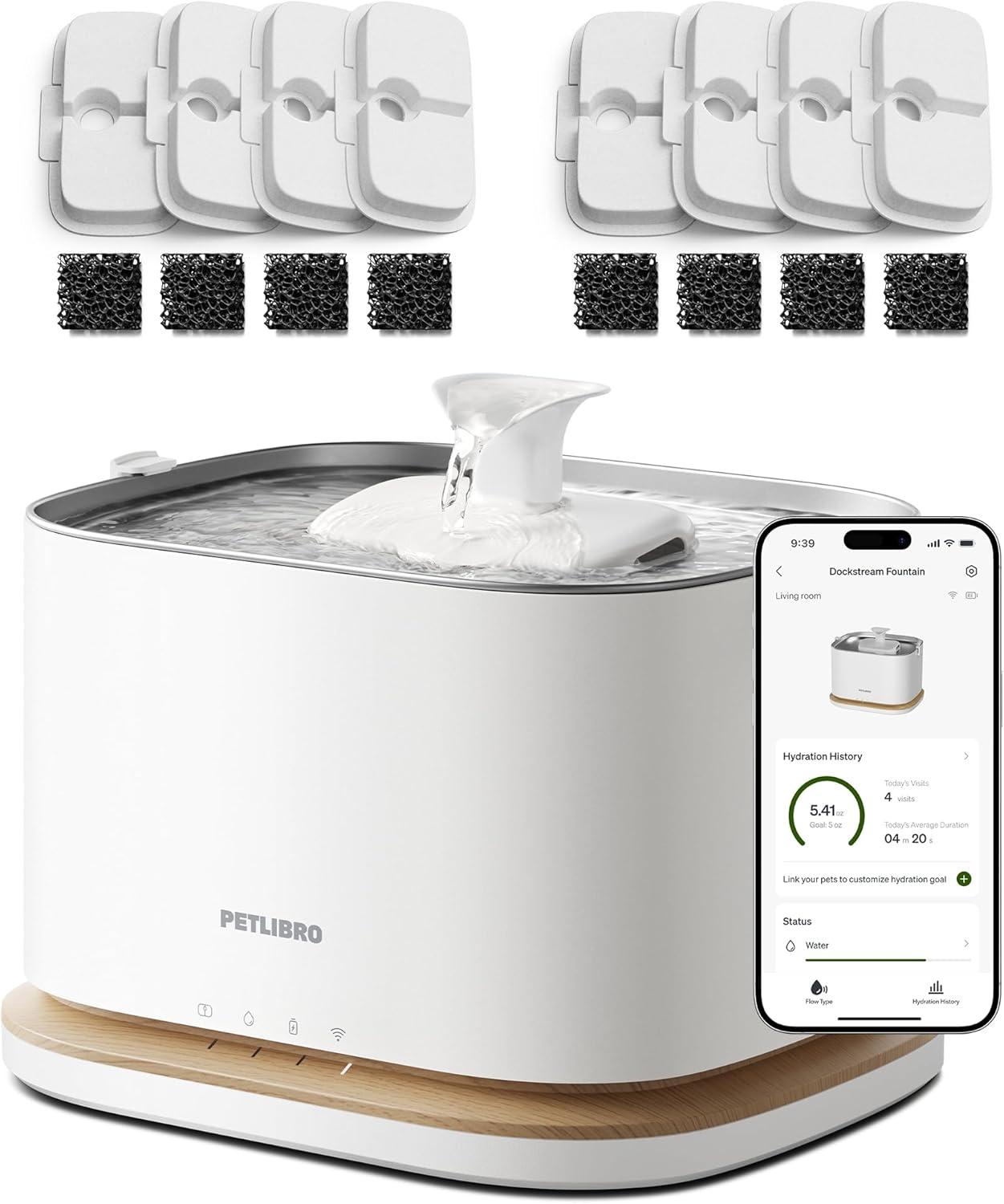 imagePETLIBRO Upgrade Cordless Cat Water Fountain  8 Packs Genuine Cat Fountain Filter Replacement App Monitoring 3L101oz Dockstream 2 Pet Water Fountain with Stainless Steel Tray 4Month Set EasySwapWhite